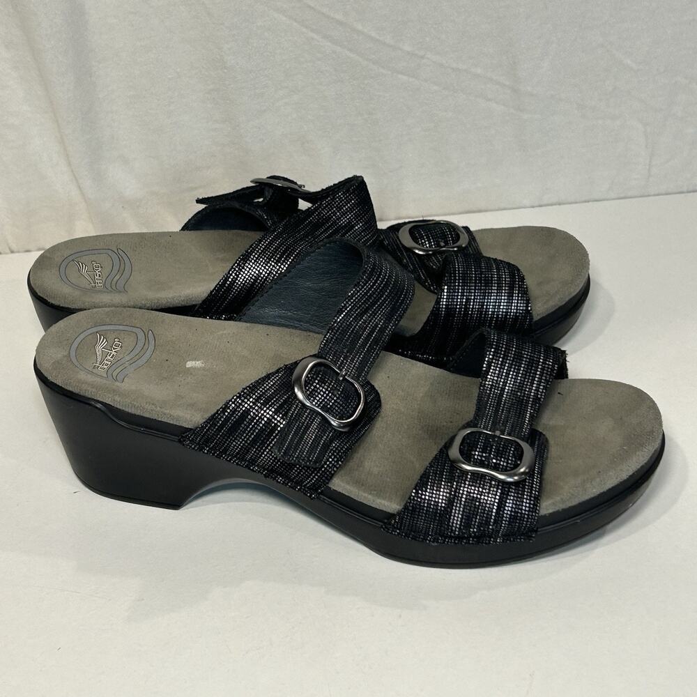 Dansko Sophie Sandals Womens Size 10.5 / 41 Double Strap Black Silver Clogs